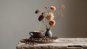 Elegant display of coffee and dried flowers on wooden table in a serene setting photo