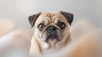 A pug dog looking up at the camera with a blurry background photo