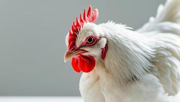 A close up of a white chicken with a red comb photo