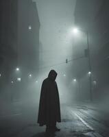 Mysterious Shadowy Figure at Foggy Intersection in Dim Light Conditions photo