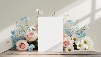 Blank mock up card on the table decorated with various flowers photo