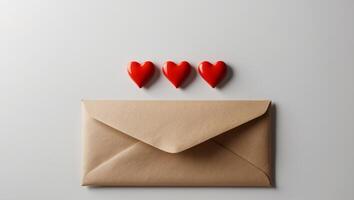 A brown envelope with three red hearts next to it photo
