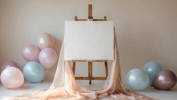 blank canvas on easel surrounded by soft balloons and draped fabric creates serene atmosphere photo