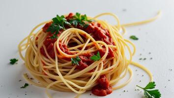 Spaghetti with tomato sauce on white background photo