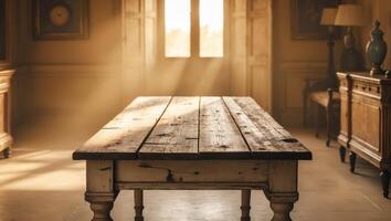 An old table in a room with sunlight streaming through the window photo