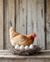Chicken brooding eggs in a nest made of twigs in an old barn photo