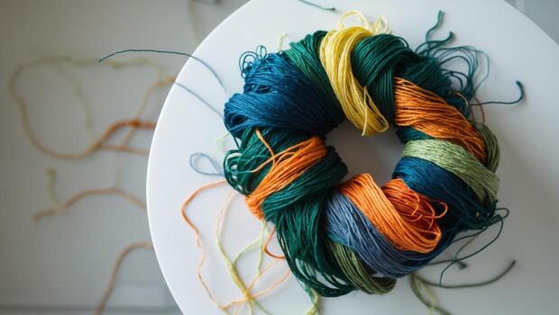a close up of a bunch of colorful threads on a table photo