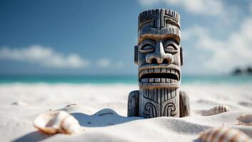 Tiki statue on the beach with shells photo