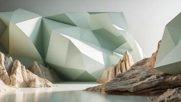 3d rendering of a mountain with water and rocks photo