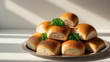 A stack of rolls on a plate with parsley photo