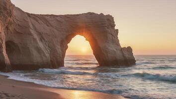 The sun is setting behind a large rock arch on the beach photo