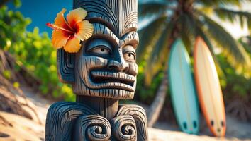 Tiki statue on the beach with surfboards photo