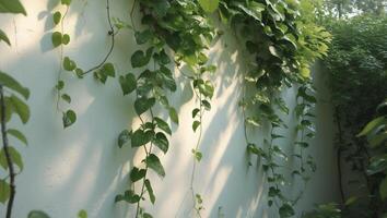 Lush green vines cascading along a white wall in a tranquil garden setting photo