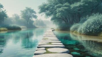 Serene stone pathway across clear waters a tranquil natural landscape experience photo