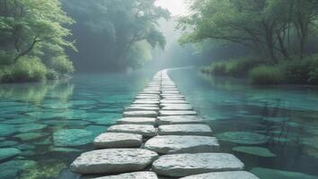 Serene stone pathway across clear waters a tranquil natural landscape experience photo