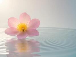 A pink flower rests atop a pool of water beneath a bright light source photo