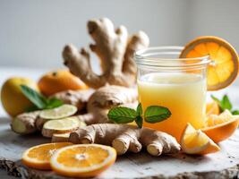 A glass of orange juice with slices of oranges and ginger photo