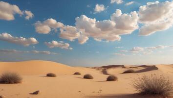 A desert with some bushes and clouds photo