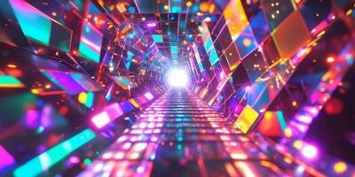 Abstract tunnel with colorful lights and a light at the end photo