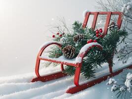 A red chair with pine cones and fir branches on it photo