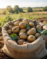 Potatoes in a sack on the field photo