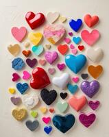 Colorful Heart Shapes in Various Sizes and Textures Arranged on a Light Background photo