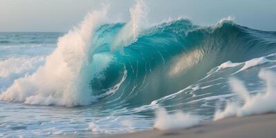 Close up of crashing ocean wave with white foam and turquoise water photo