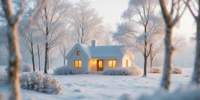 Enchanting Snow Globe A Charming Winter Scene with a Cozy House Surrounded by Snowy Trees photo