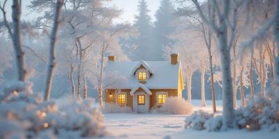 Enchanting Snow Globe A Charming Winter Scene with a Cozy House Surrounded by Snowy Trees photo