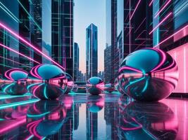 Futuristic Urban Landscape with Gleaming Spheres Surrounded by Neon Lights and Reflective Surfaces in a Vibrant Setting photo