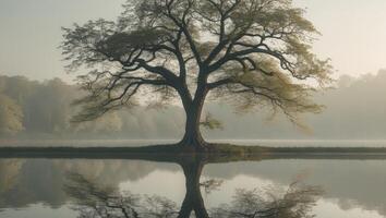 A tree is reflected in the water of a lake photo