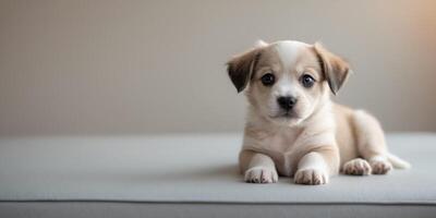 puppy sitting on a gray surface looking at the camera photo