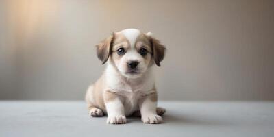 puppy sitting on a gray surface looking at the camera photo