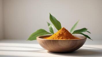 Turmeric Powder in Wooden Bowl with Root Leaves photo