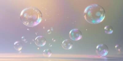 Soap bubbles floating in the air on a light background photo