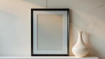 Modern Interior Shelf with Poster Frame and Decorative Vase Render photo