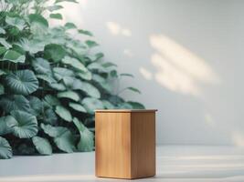 Wooden product display podium with blurred nature leaves background photo
