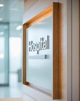 A hospital sign is displayed in a modern office photo