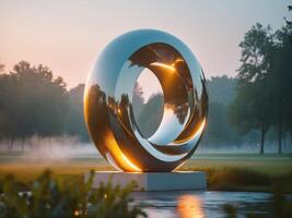 Reflective Sculpture Illuminated At Night In Park Setting photo