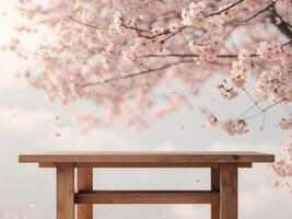 Spring cherry blossom background with empty wooden table for product display showcase photo