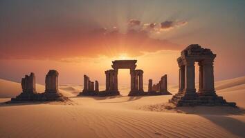 Mysterious Ancient Temple Ruins Emerging from Desert Sands at Dusk photo