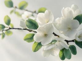 close up of white blossoms on a branch with leaves photo