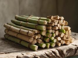 Raw Fresh Bamboo Roots Stacked on Rustic Surface for Culinary and Botanical Use photo