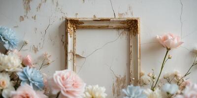 An empty frame with flowers on a wall photo