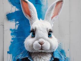 A white rabbit wearing a blue jacket and blue eyes photo