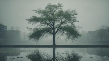 A tree is reflected in a pond in front of buildings photo