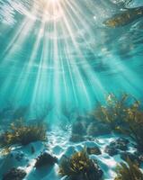 Sunlit ocean depths with rays illuminating the underwater world photo