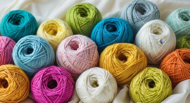 vistoso colección de hilo pelotas en vibrante matices arreglado pulcramente en un suave antecedentes para tejido de punto y elaboración proyectos foto
