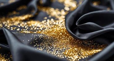 Shimmering Gold Glitter on Black Silk Fabric for Elegant Background photo