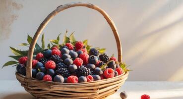 Freshly picked berries arranged in a charming splint basket under soft sunlight photo